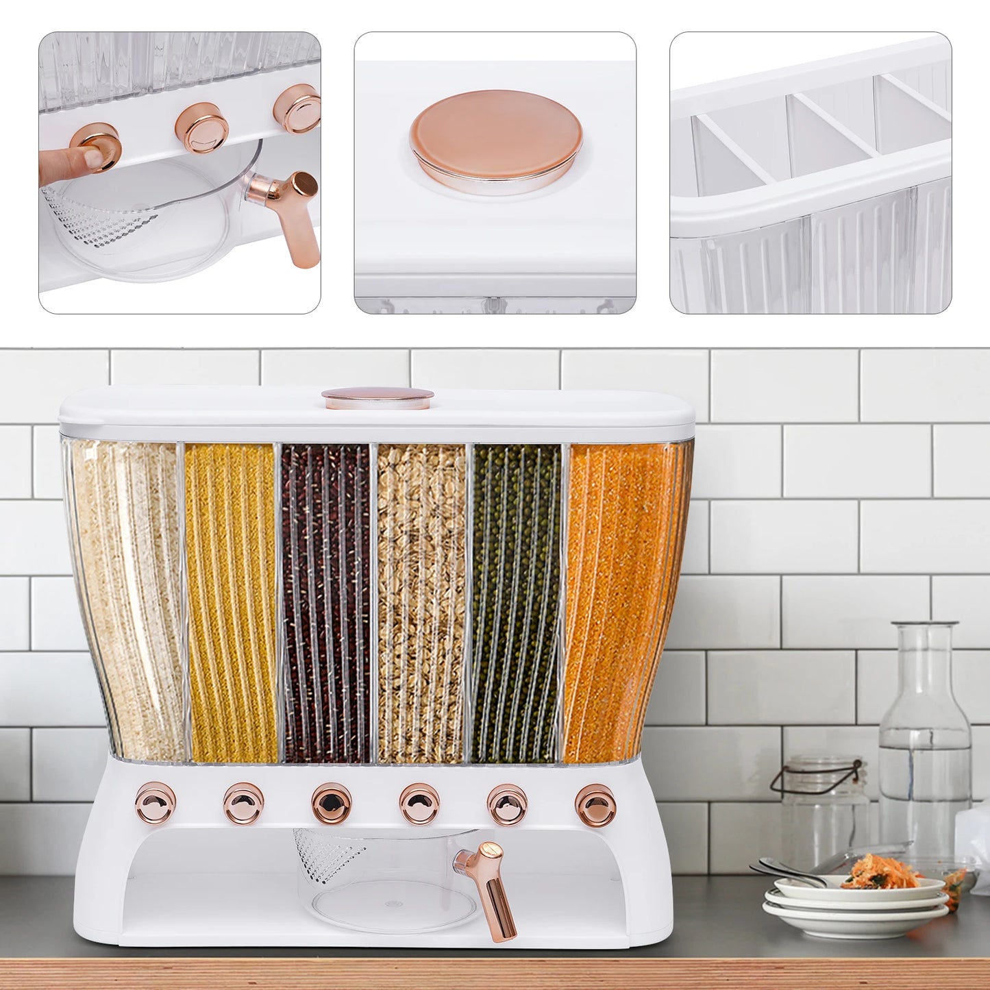 Kitchen Multigrain Tank 6 Grid Rice Storage Dispenser 22 Lb