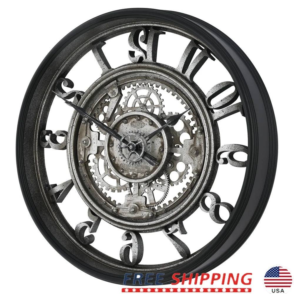 20 Inch Rustic Metal Wall Clock With Moving Gears Decor