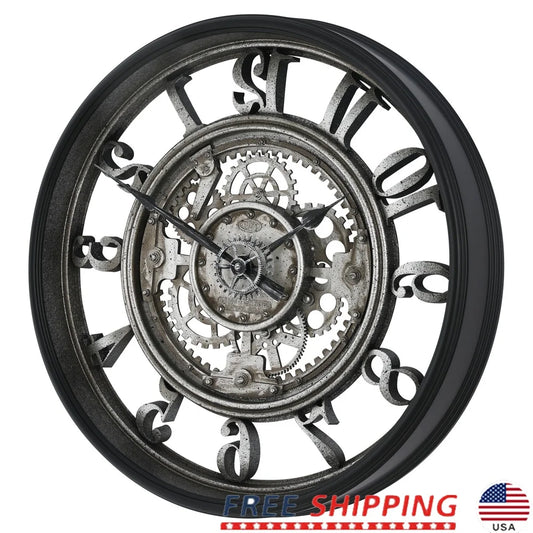 20 Inch Rustic Metal Wall Clock With Moving Gears Decor