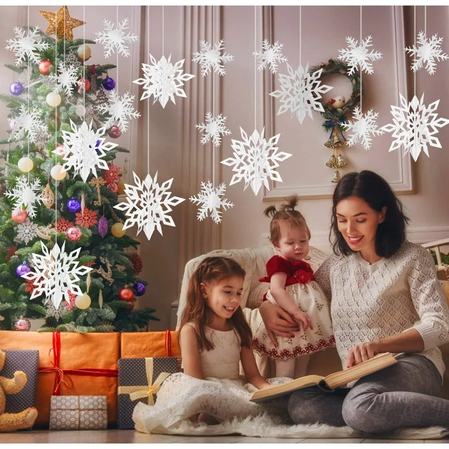 24Pcs 3D White Paper Snowflake Garland for Christmas Decor