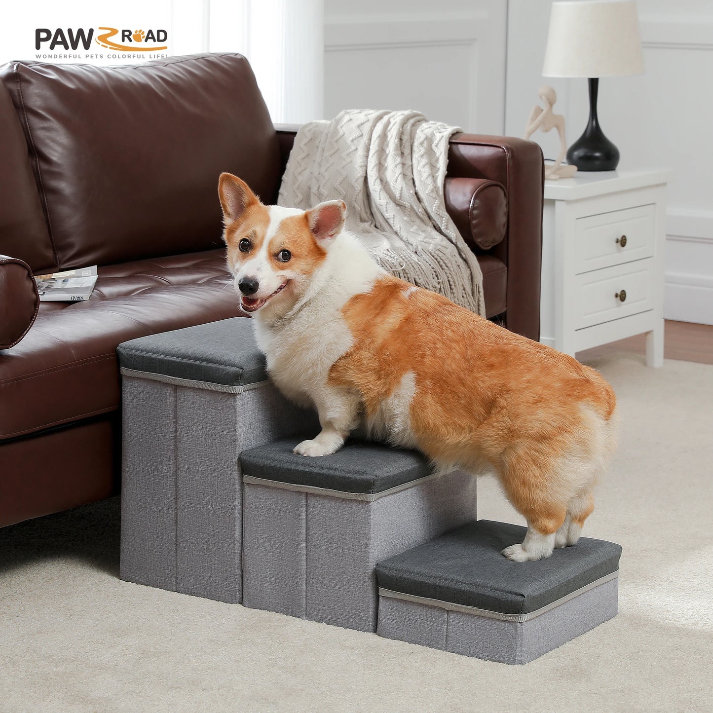 3 Tier Dog Stairs Foldable With Storage Box Non Slip Ramp