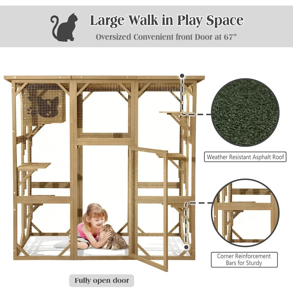 Large Wooden Catio Outdoor Cat Enclosure with 6 Platforms