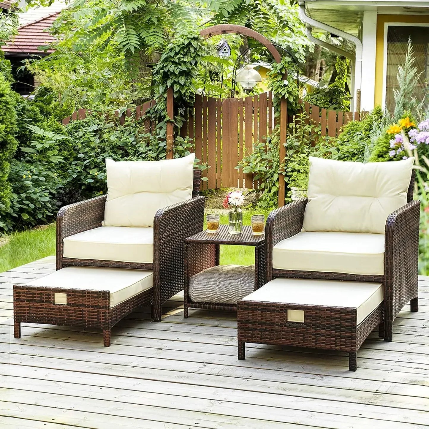 Wicker Patio Conversation Set With Ottomans And Coffee Table