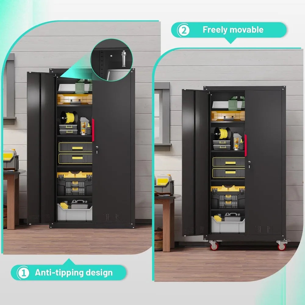 Heavy Duty Metal Garage Cabinet With Wheels And Adjustable Shelves