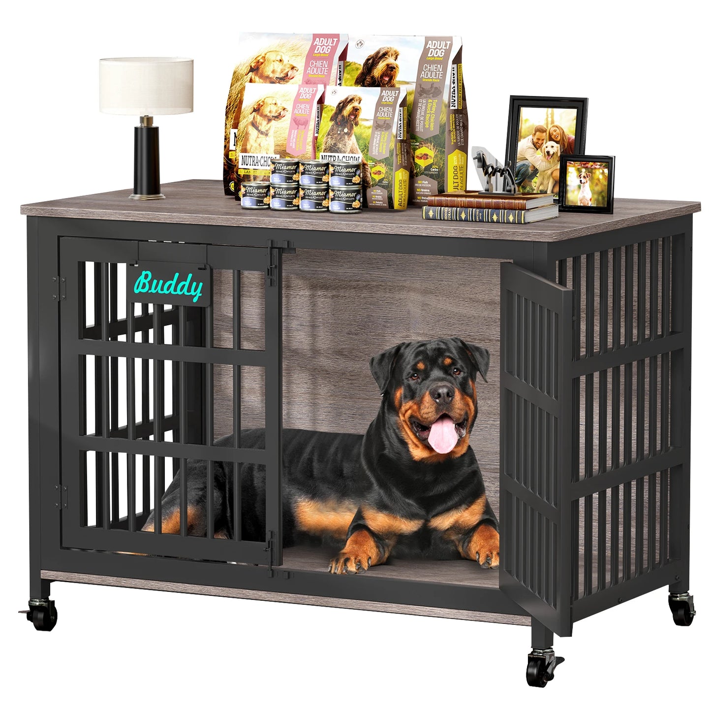 Dog Crate Furniture With Casters Heavy Duty Kennel For Indoor Use TV Stand