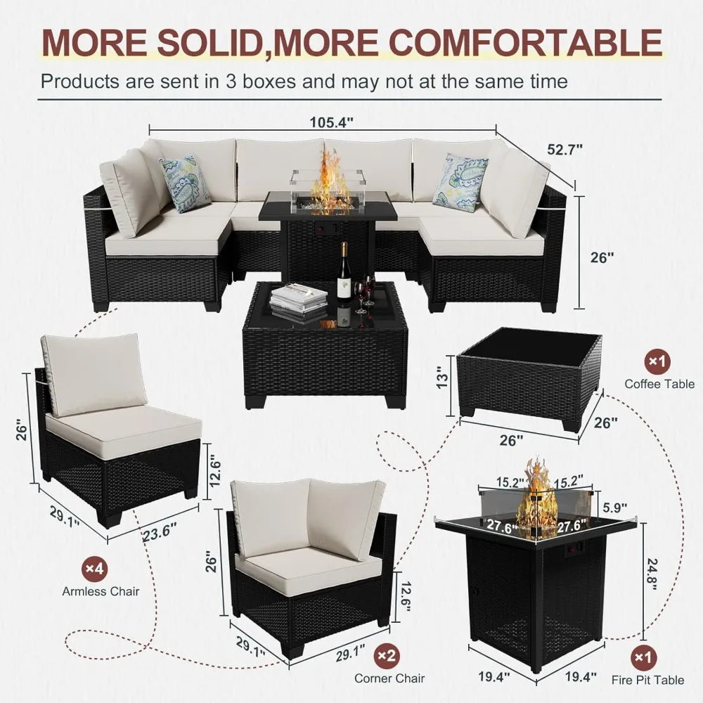 8 Piece Outdoor Sectional Rattan Sofa Set With Gas Fire Pit
