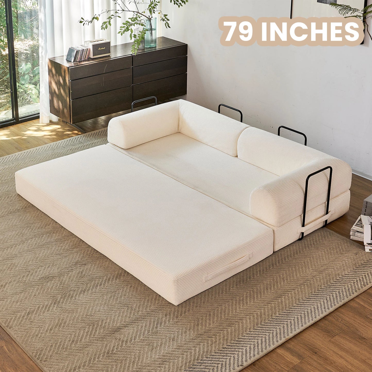 Foldable Convertible Futon Sofa Bed With L Shape Armrests