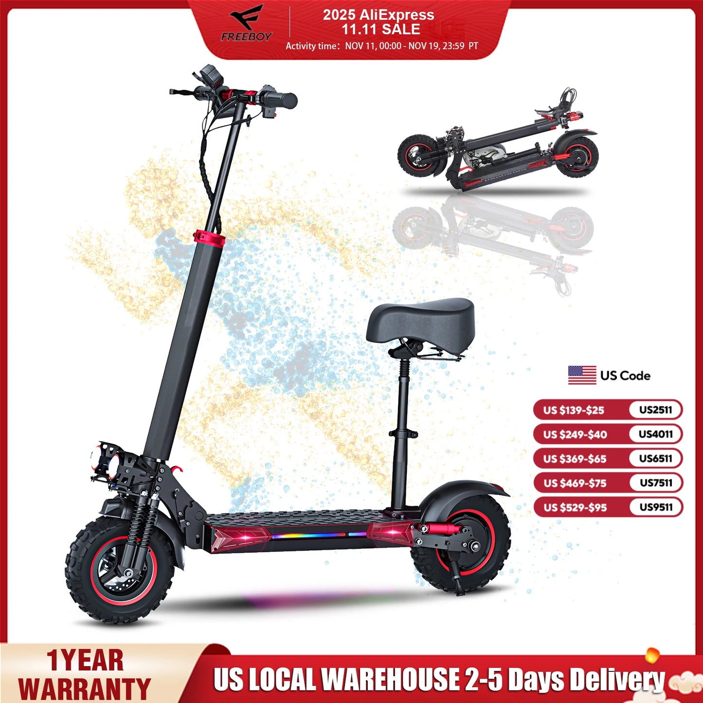 FREEBOY 1200W Foldable Electric Scooter With Seat And Dual Suspension