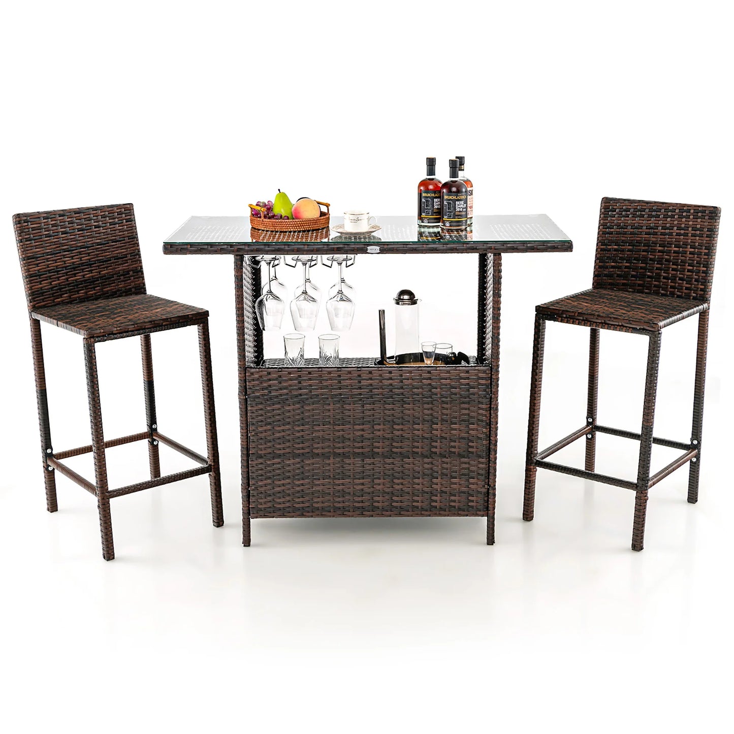 Patio 3 Piece Wicker Bar Set with Stools and Stemware Racks