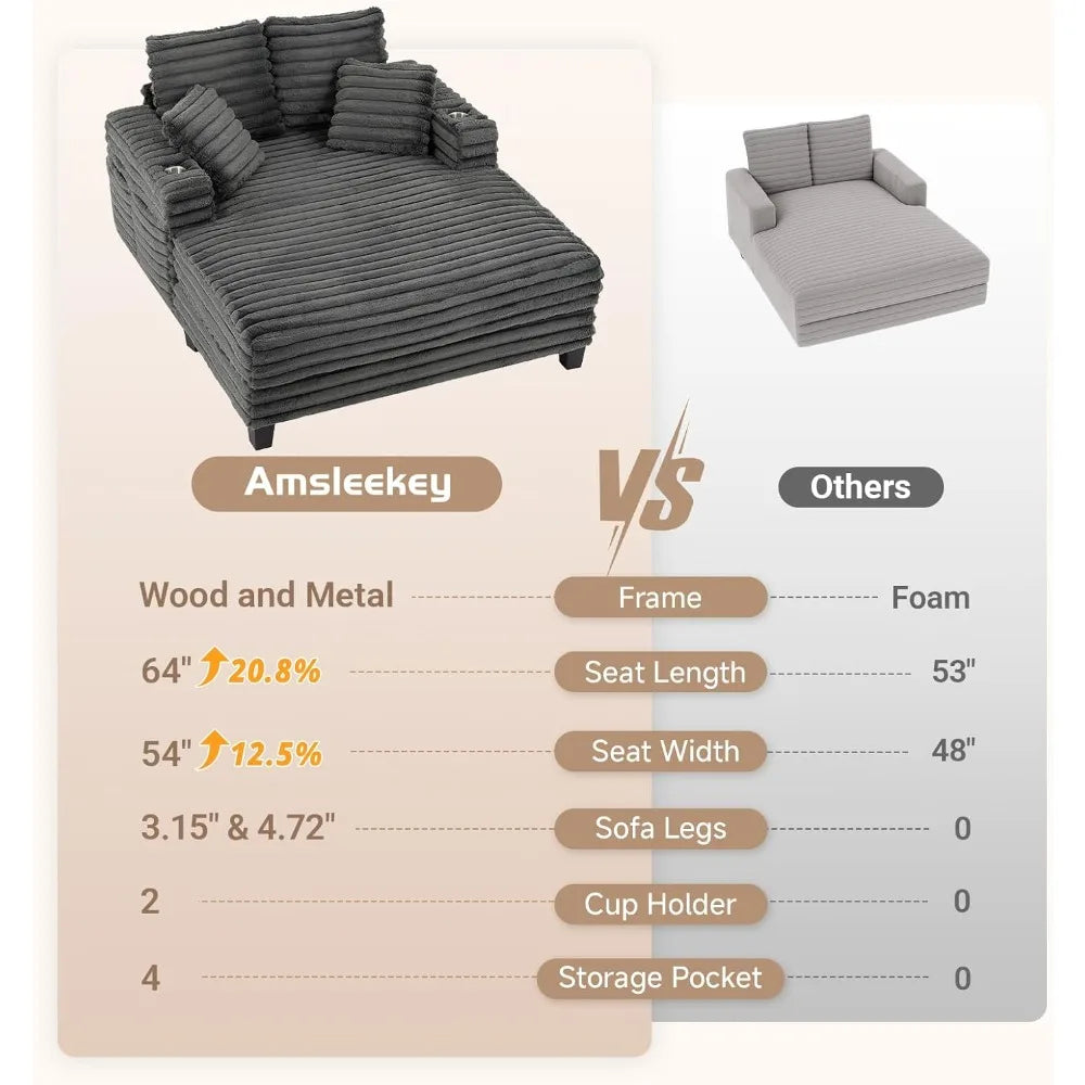 Chaise Lounge Chair Indoor, 64" Oversized Sleeper Chair with Wood Frame, Upholstered Sofa Bed for Living Room & Home Theater