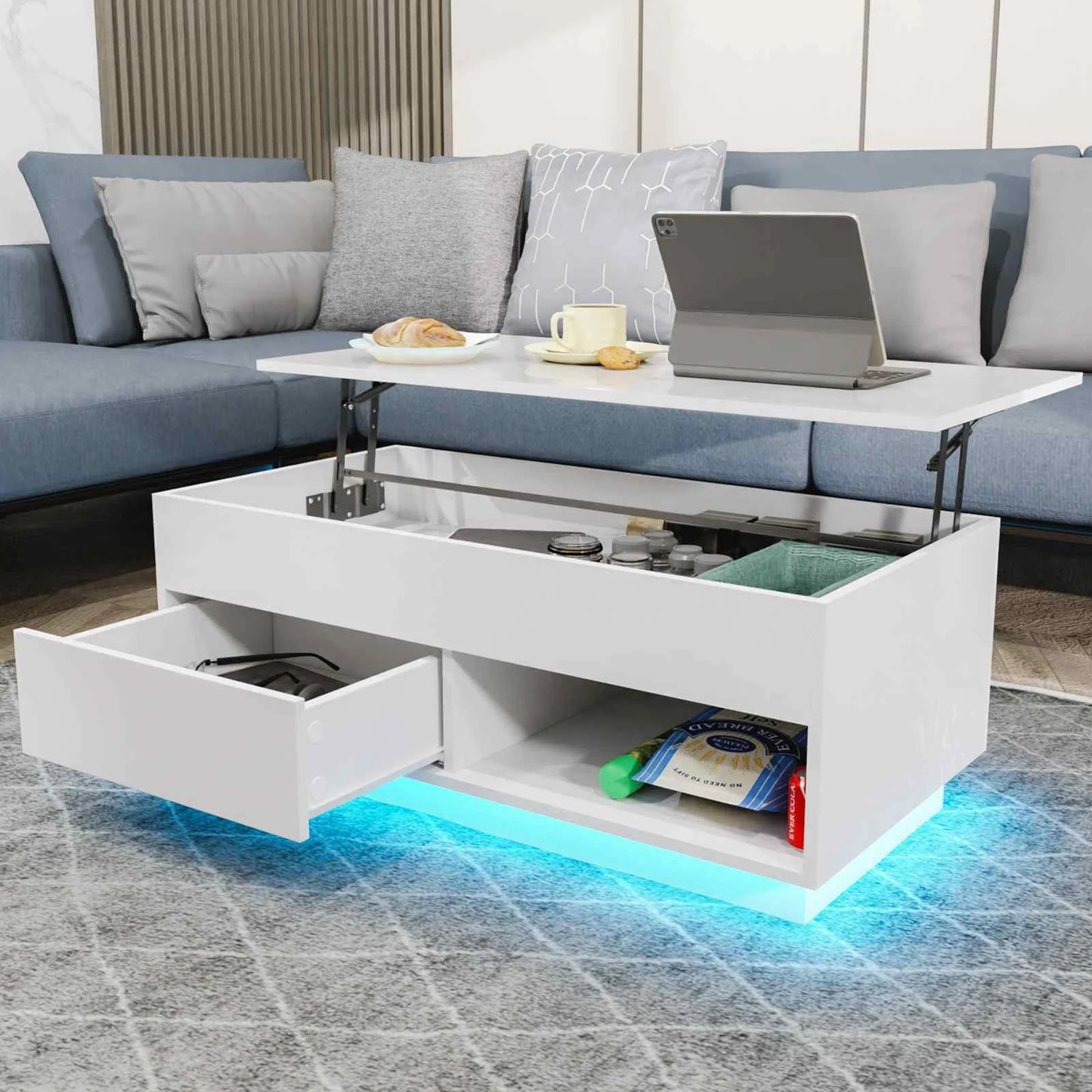LED Lift Coffee Table With Height Adjustable Modern Design