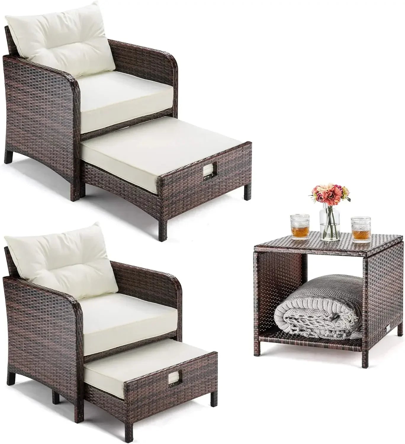 Wicker Patio Conversation Set With Ottomans And Coffee Table