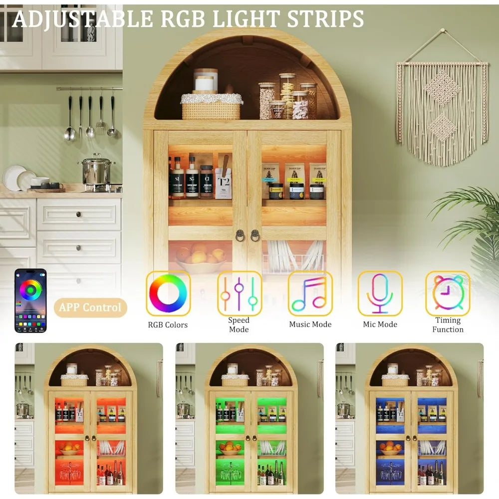 Arched Pantry Cabinet With LED Lights Two Drawers Adjustable Shelves