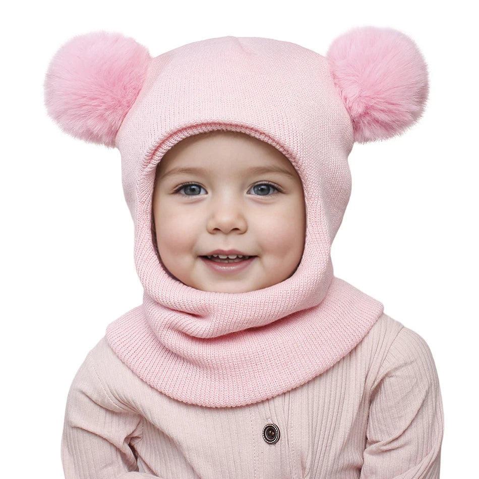 Kids Double Ball Ear Protection Knit Balaclava Hat