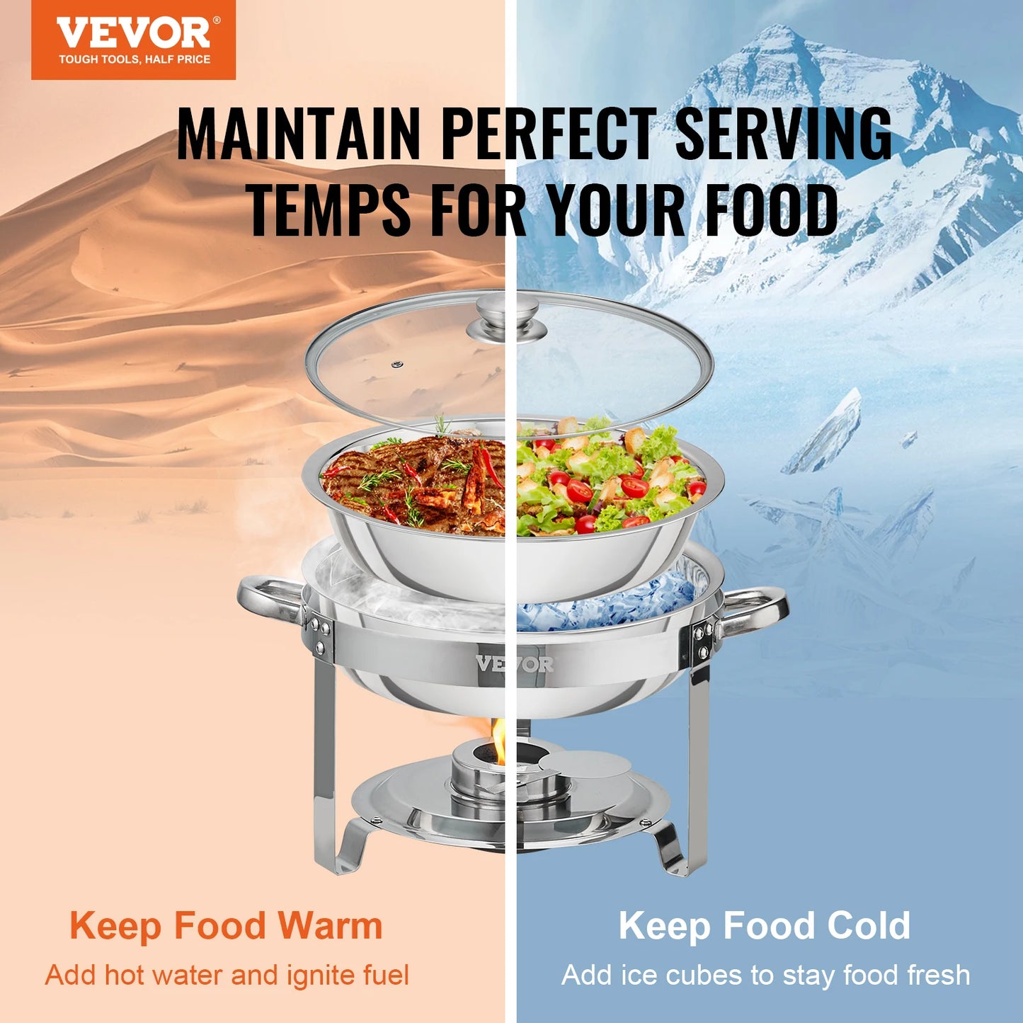 VEVOR Two Pack Round Chafing Dish Set Stainless Steel