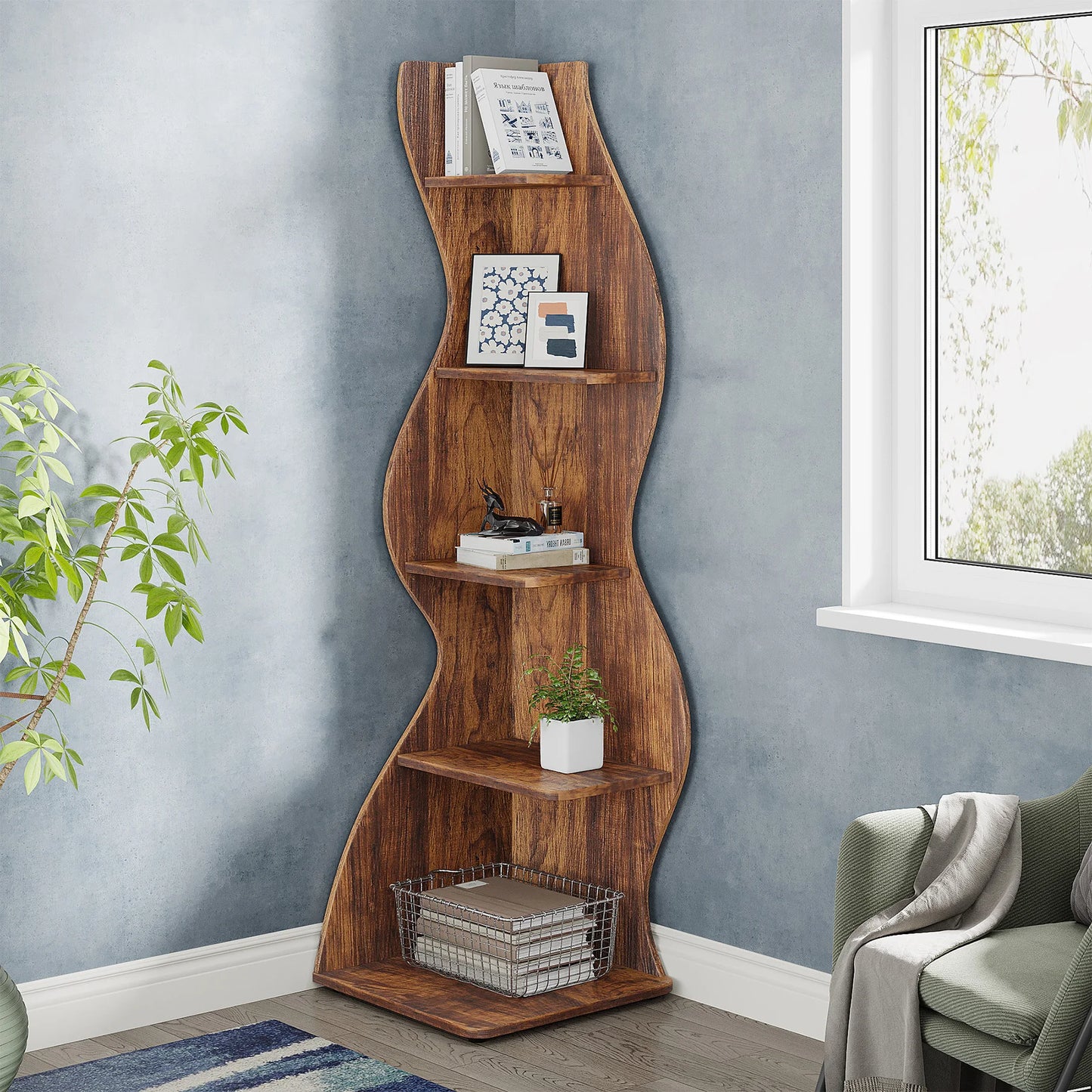 Tribesigns Rustic 5-Tier Corner Shelf Wall Bookcase Plant Stand