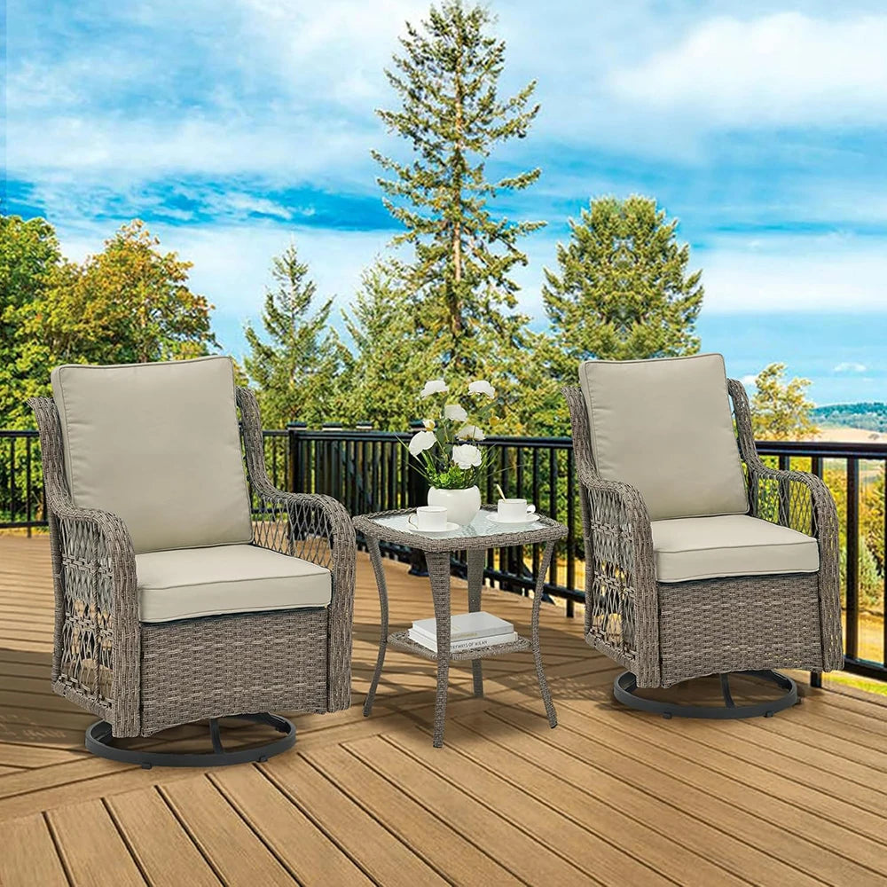 HiMISS 3-Piece Wicker Patio Set Swivel Rocking Chairs Glass Table