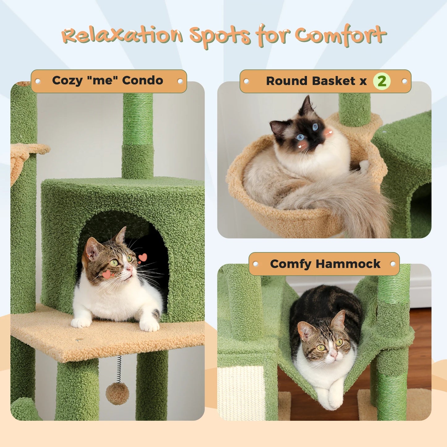Cactus Cat Tree Tower with Hammocks and Scratching Posts