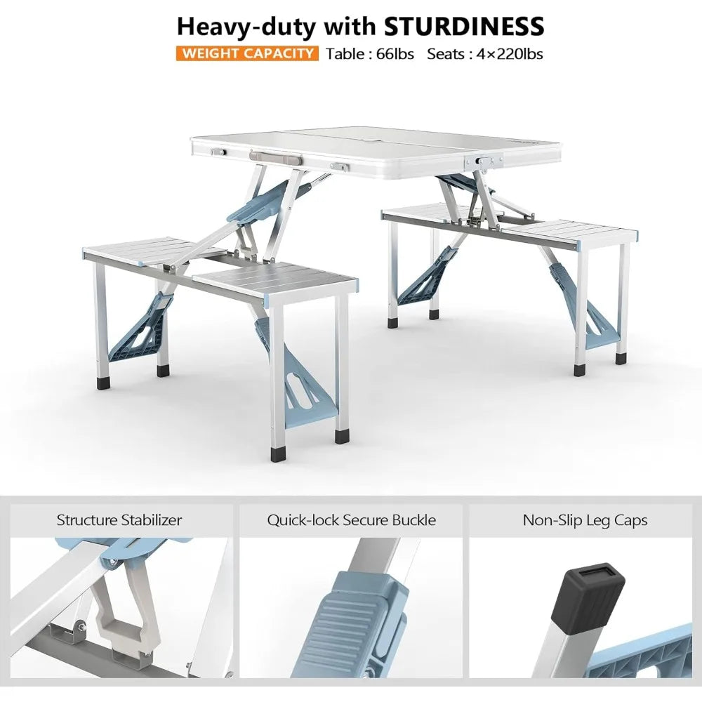 Foldable Aluminum Camping Picnic Table With Seats And Umbrella Hole