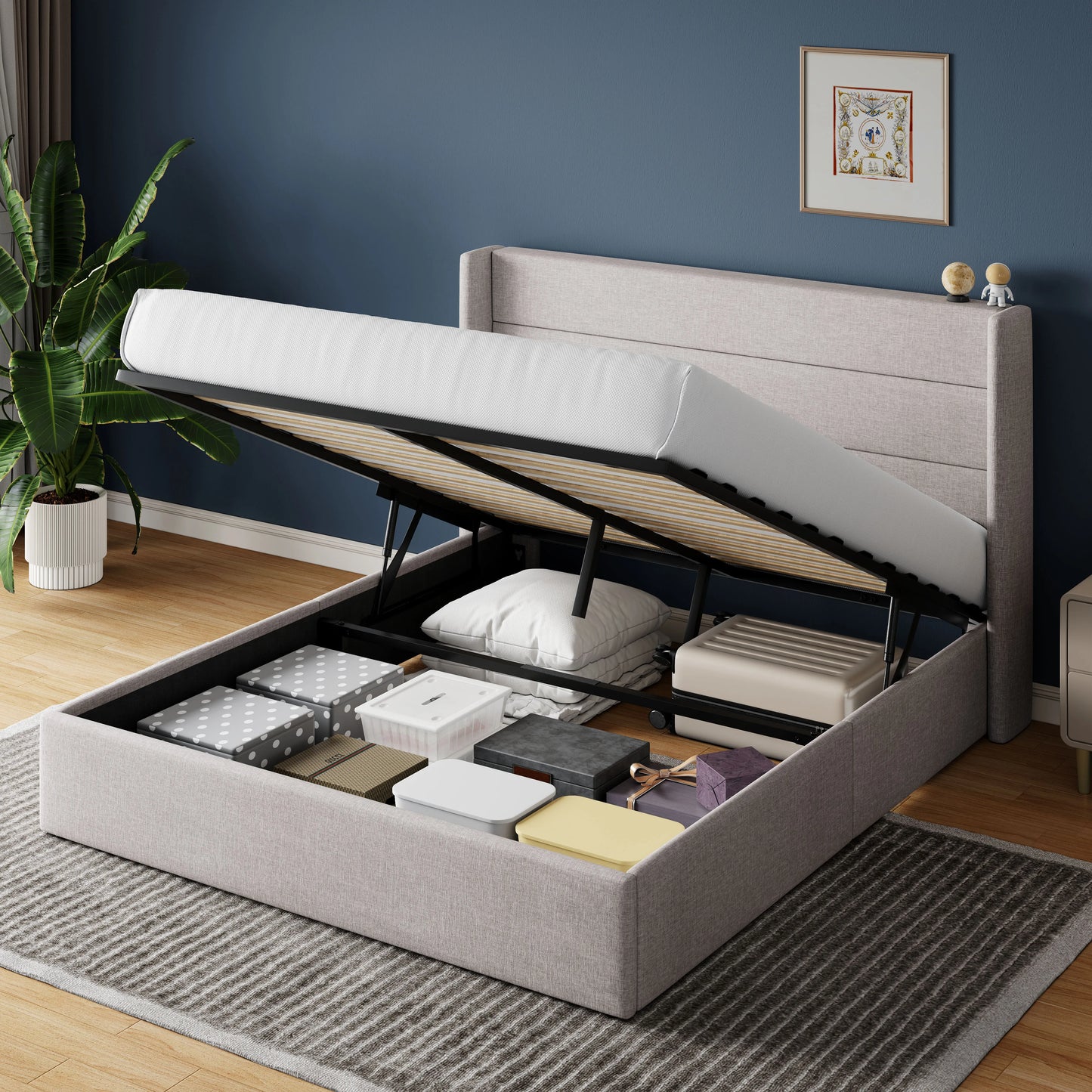 HOOMIC Lift Up Storage Bed With Wingback Headboard Underbed Storage