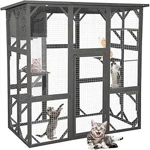 Large Wooden Catio Outdoor Cat Enclosure with 6 Platforms