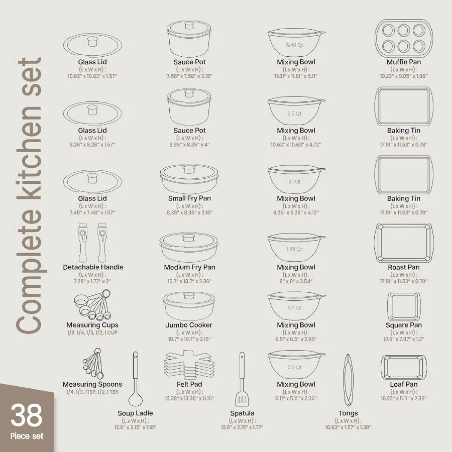 Bakken Master 38 Piece Granite Cookware Bakeware Set Pots And Pans With Nonstick Granite Coating And Detachable Handles