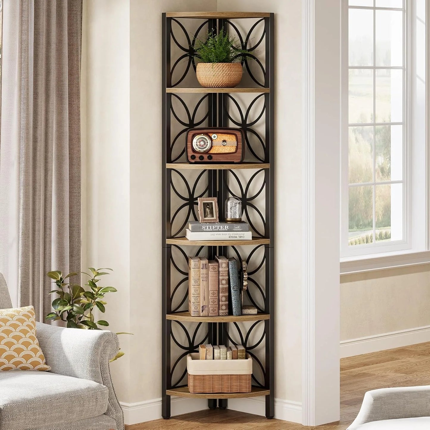 Little Tree 6 Tier Corner Shelf Industrial Bookshelf Display