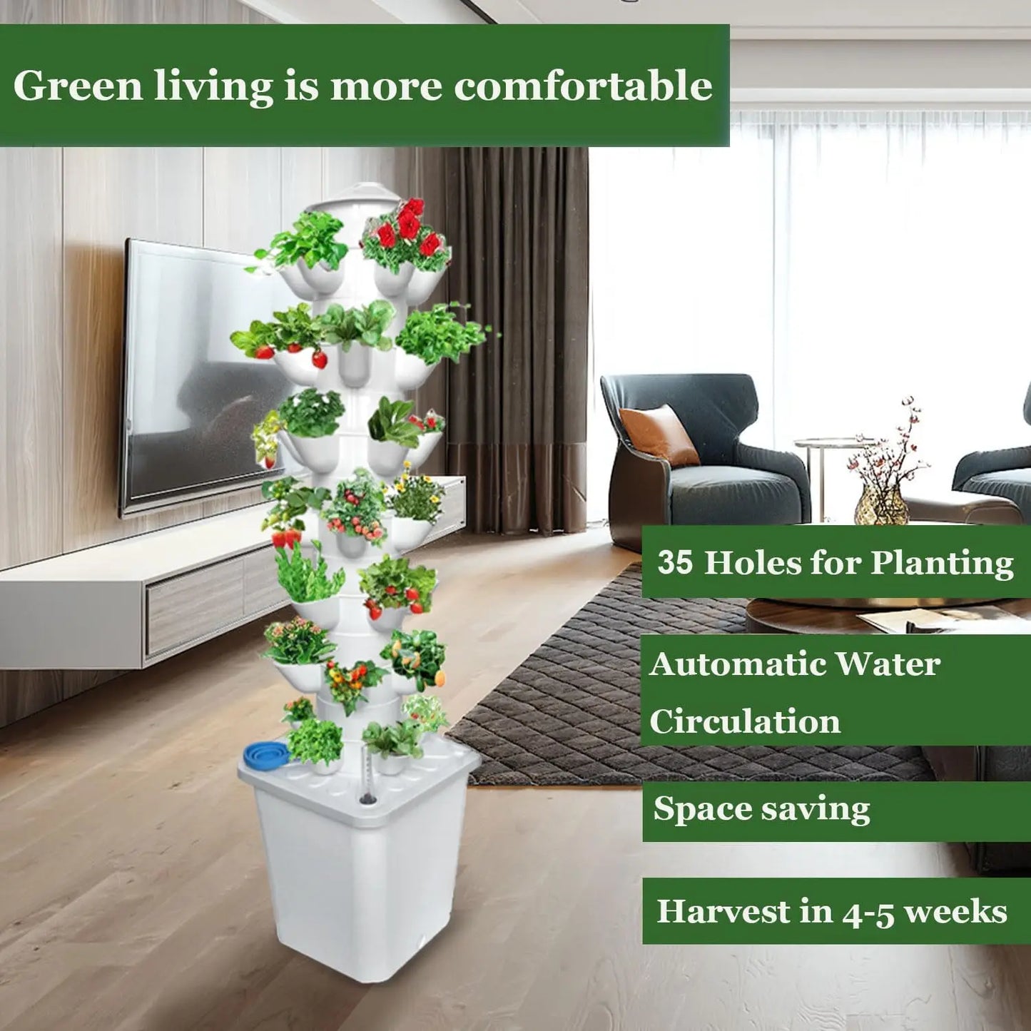 Vertical Hydroponic Tower System with 35 Pots, 7 Layers, Water Pump, Timer, and Smart Plug Kit