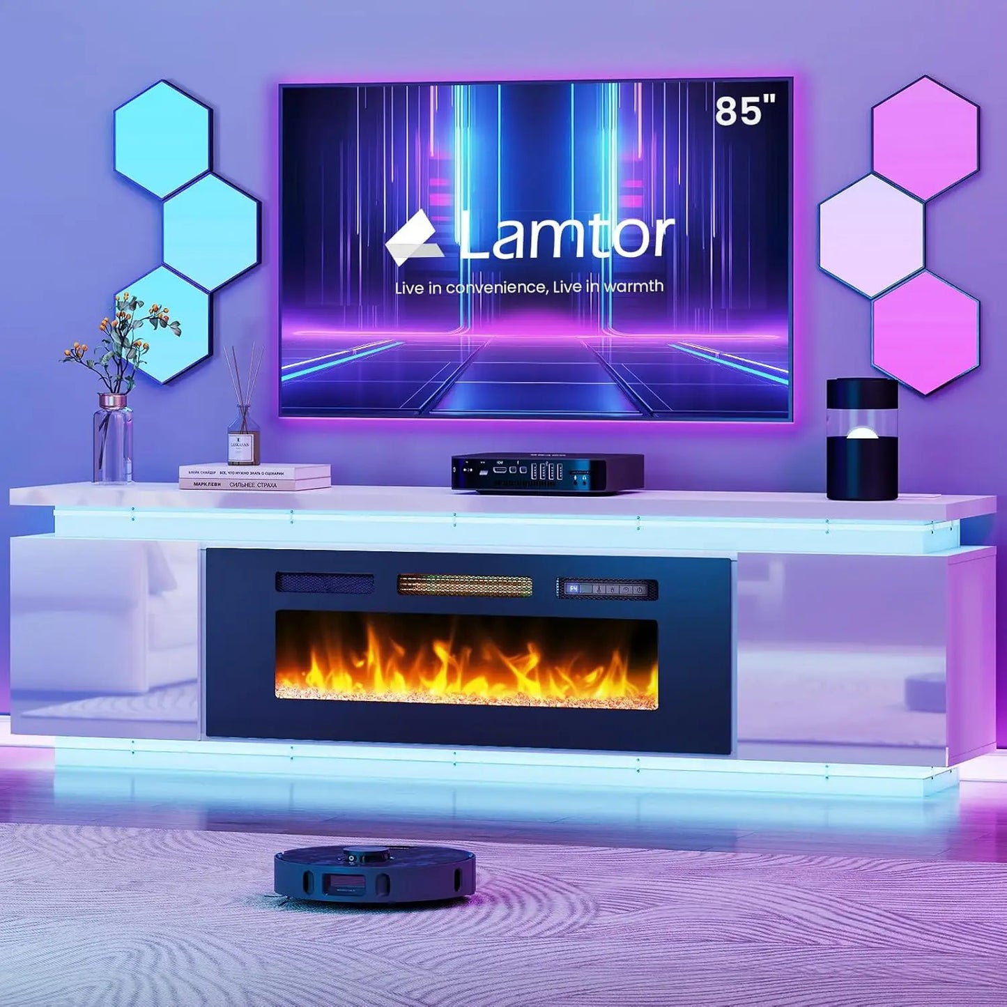 Angduo 85 Inch Fireplace TV Stand With 40 Inch Fireplace