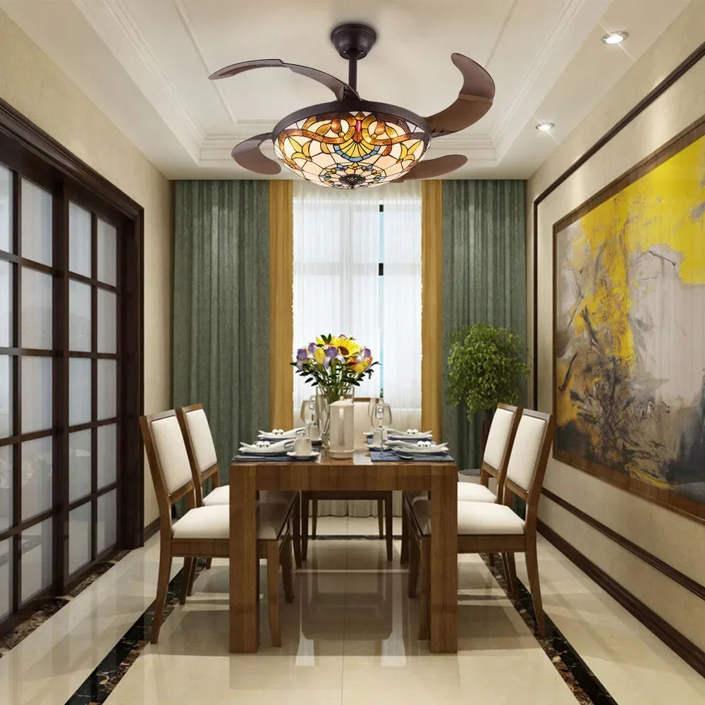 Tiffany Style Ceiling Fan With LED Light And Remote Control