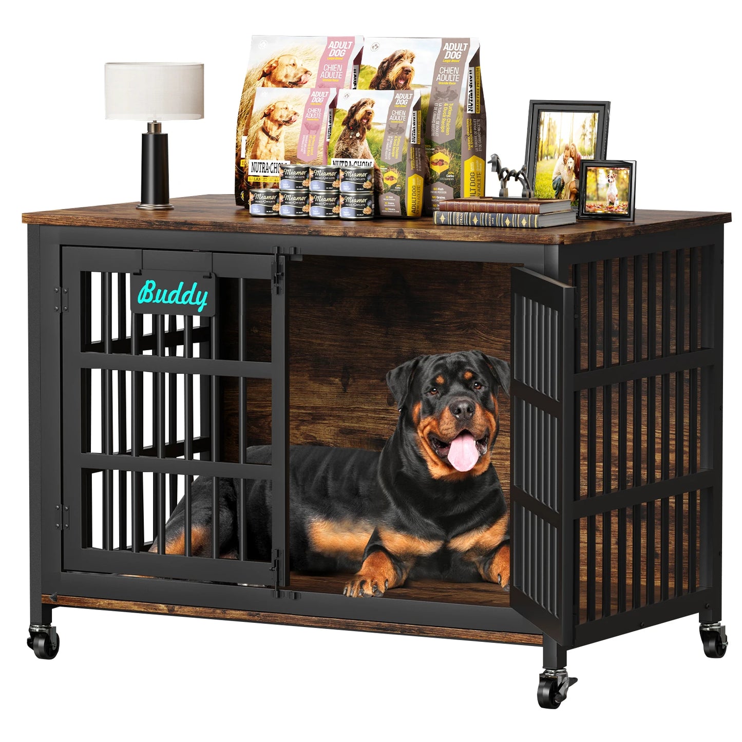 Dog Crate Furniture With Casters Heavy Duty Kennel For Indoor Use TV Stand
