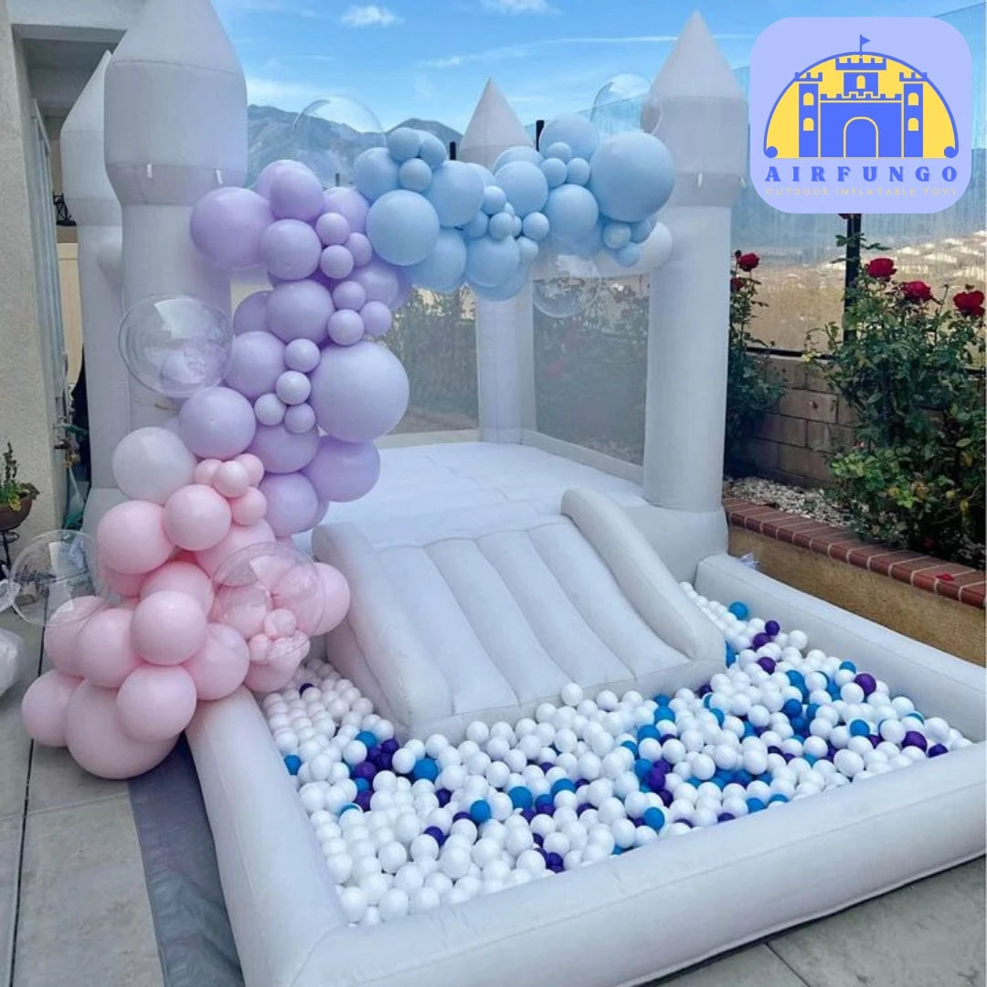 Kids 9x9x7ft Soft Play White Bounce House With Slide Ball Pit Party Customization Inflatable Mini Bouncy Castle With Blower