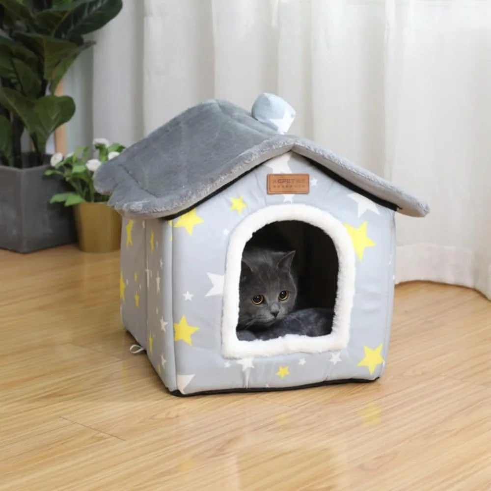 Foldable Dog House Bed With Warm Plush Nest And Cushion