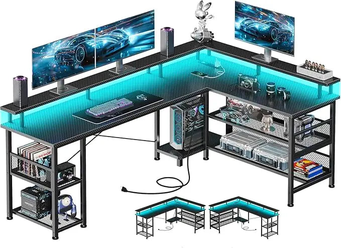 66 Inch L Shaped Gaming Desk With Power Outlet And LEDs