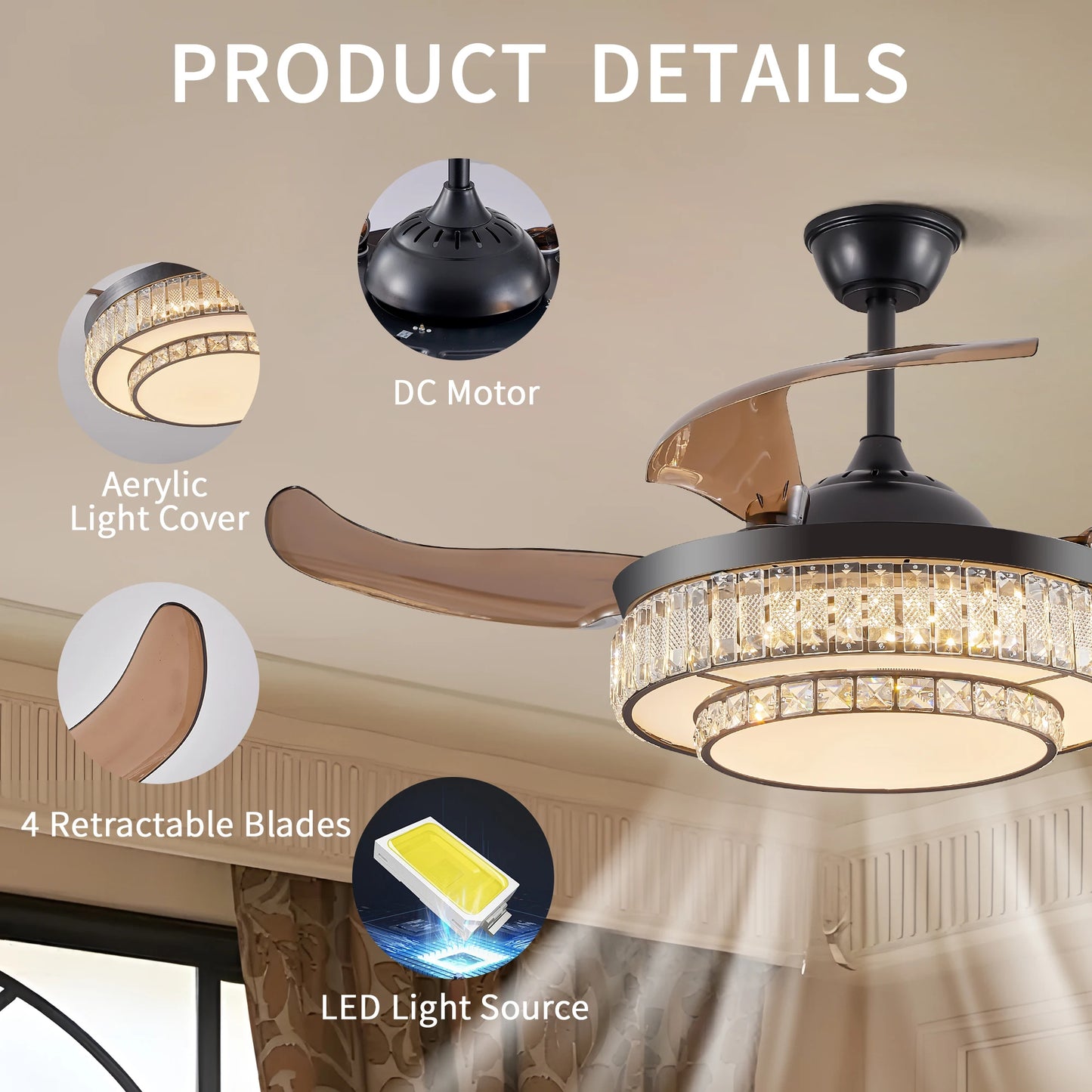 ARLGSITE Crystal LED Ceiling Fan Light With Remote Control Timer