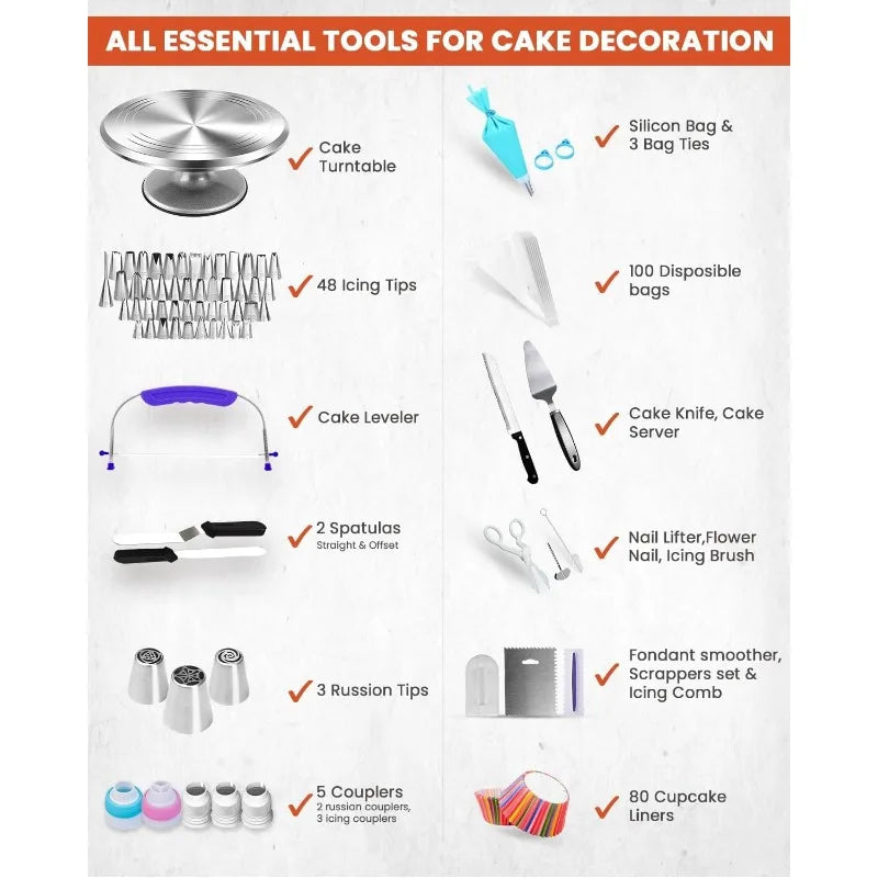 250 Piece Aluminum Cake Decorating Kit with Turntable and Tips