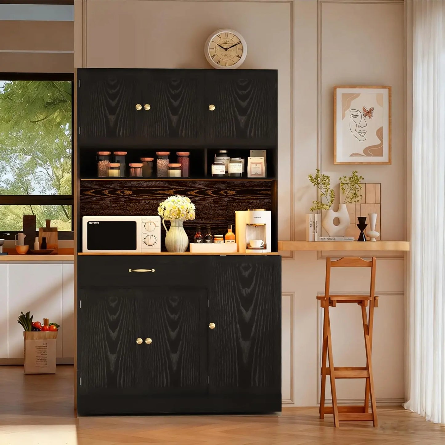 GUANGBAI Kitchen Pantry Cabinet With LED Lighting And Charging