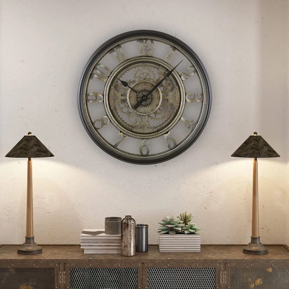 20 Inch Rustic Metal Wall Clock With Moving Gears Decor