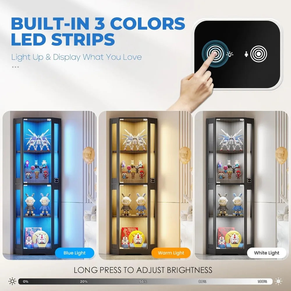 65 Inch Corner Glass Display Cabinet With LED Lights 4 Tier