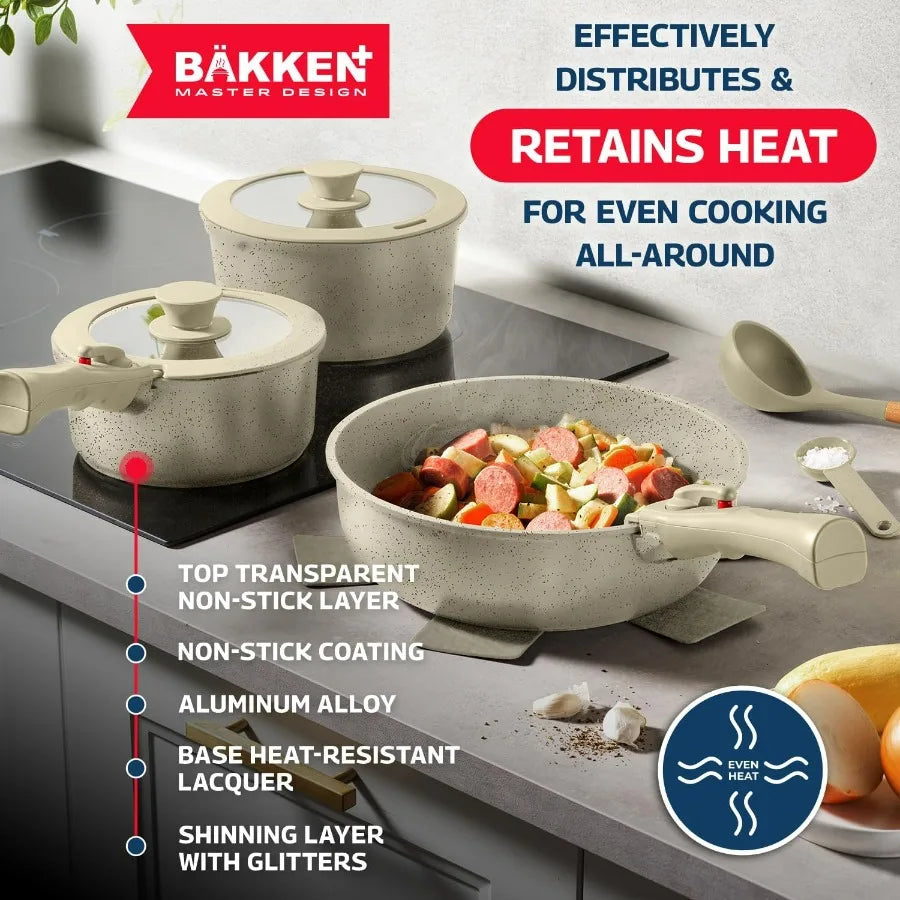 Bakken Master 38 Piece Granite Cookware Bakeware Set Pots And Pans With Nonstick Granite Coating And Detachable Handles