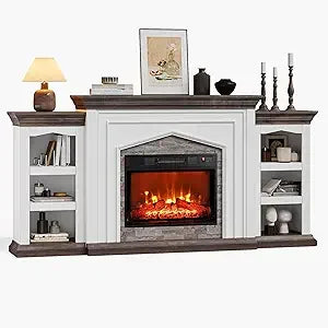 Rustic Farmhouse Fireplace TV Stand With Electric Heater For TVs
