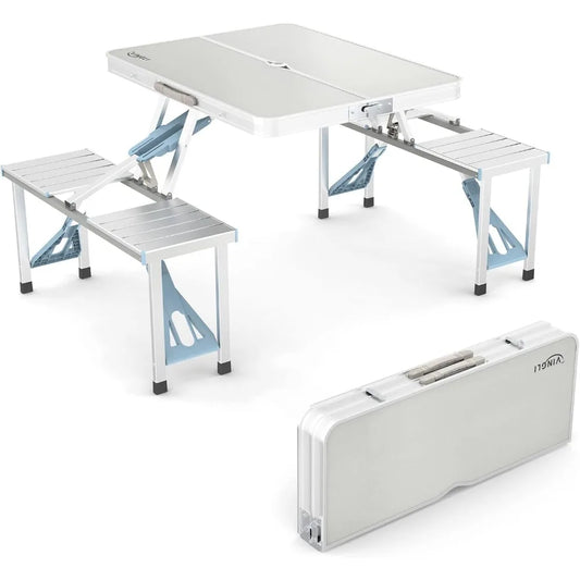 Foldable Aluminum Camping Picnic Table With Seats And Umbrella Hole