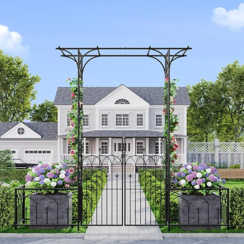 81" H Garden Arch and Arbor with Gate, Black Arch with Planter Boxes for Climbing Plants Outdoor, Wedding Ceremony Archway