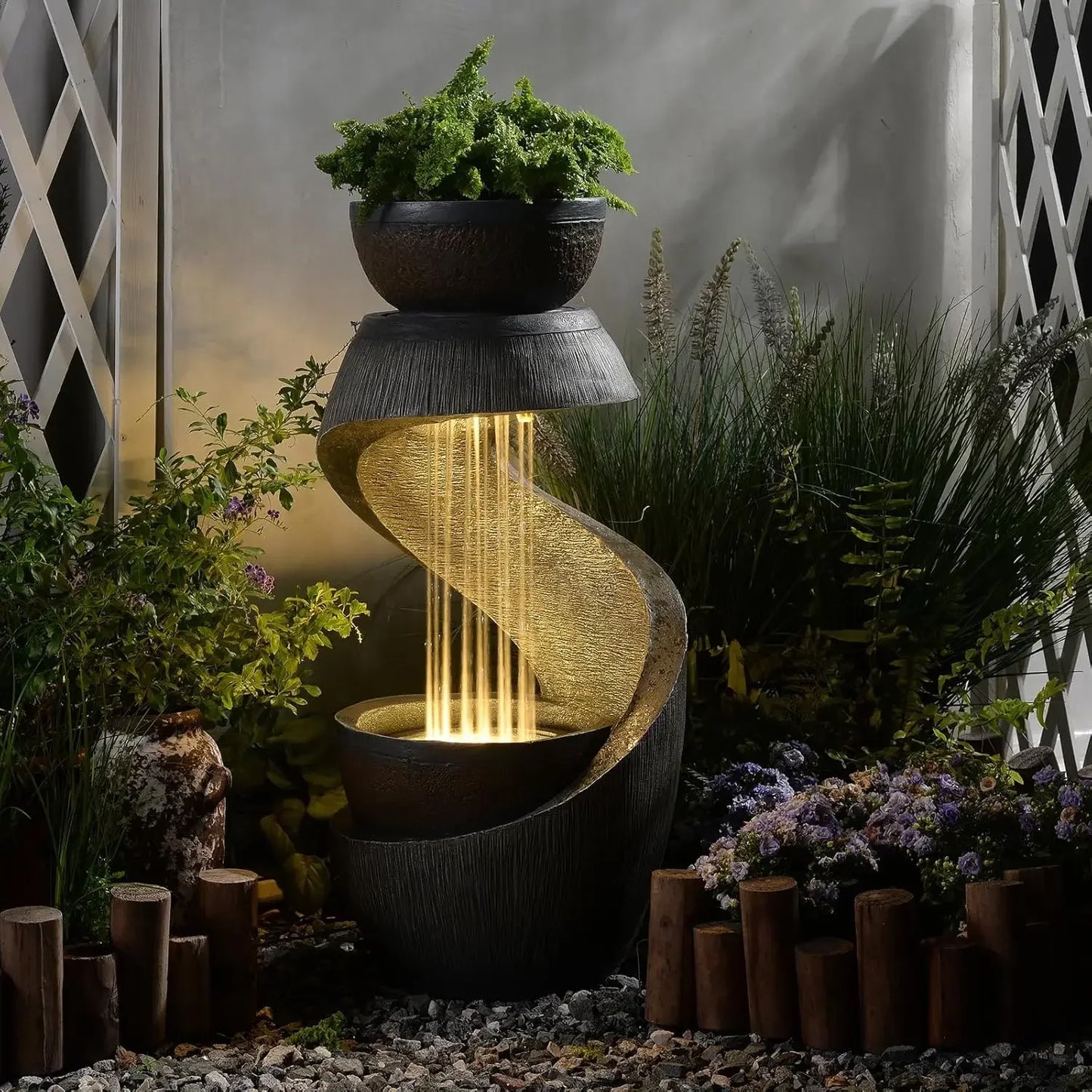 S Shaped Outdoor Water Fountain With LED Lights Planter Bowl