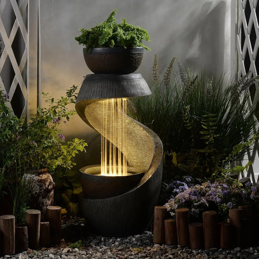 S Shaped Outdoor Water Fountain With LED Lights Planter Bowl