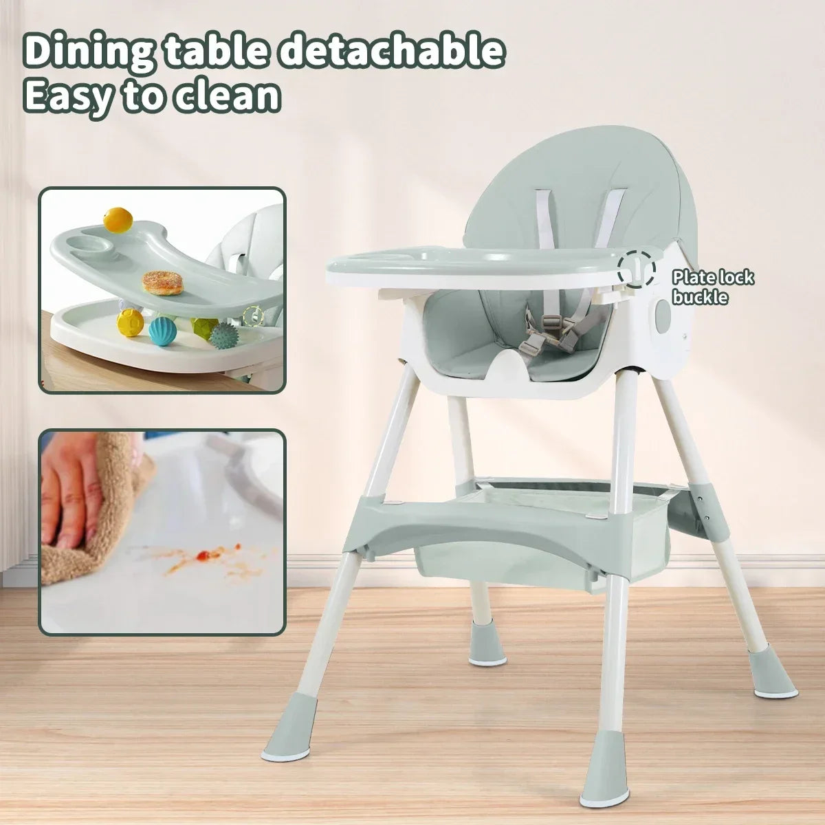 Foldable Baby High Chair With Adjustable Backrest Lightweight Dual Height