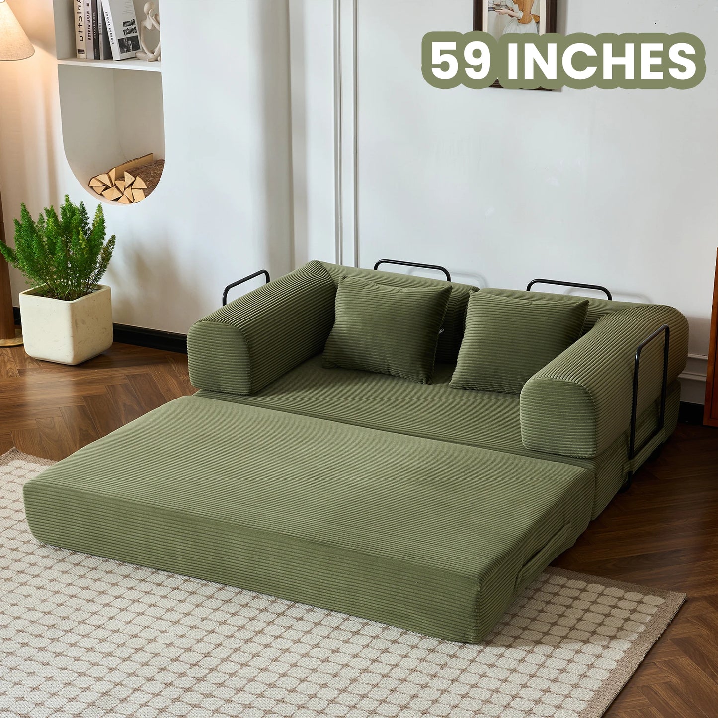 Foldable Convertible Futon Sofa Bed With L Shape Armrests