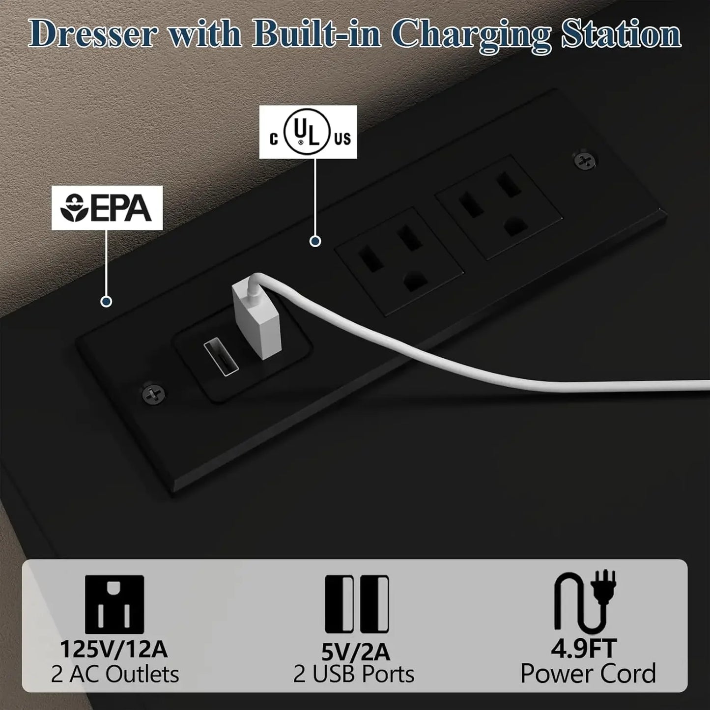 12 Drawer Black Dresser With Charging Station And TV Stand