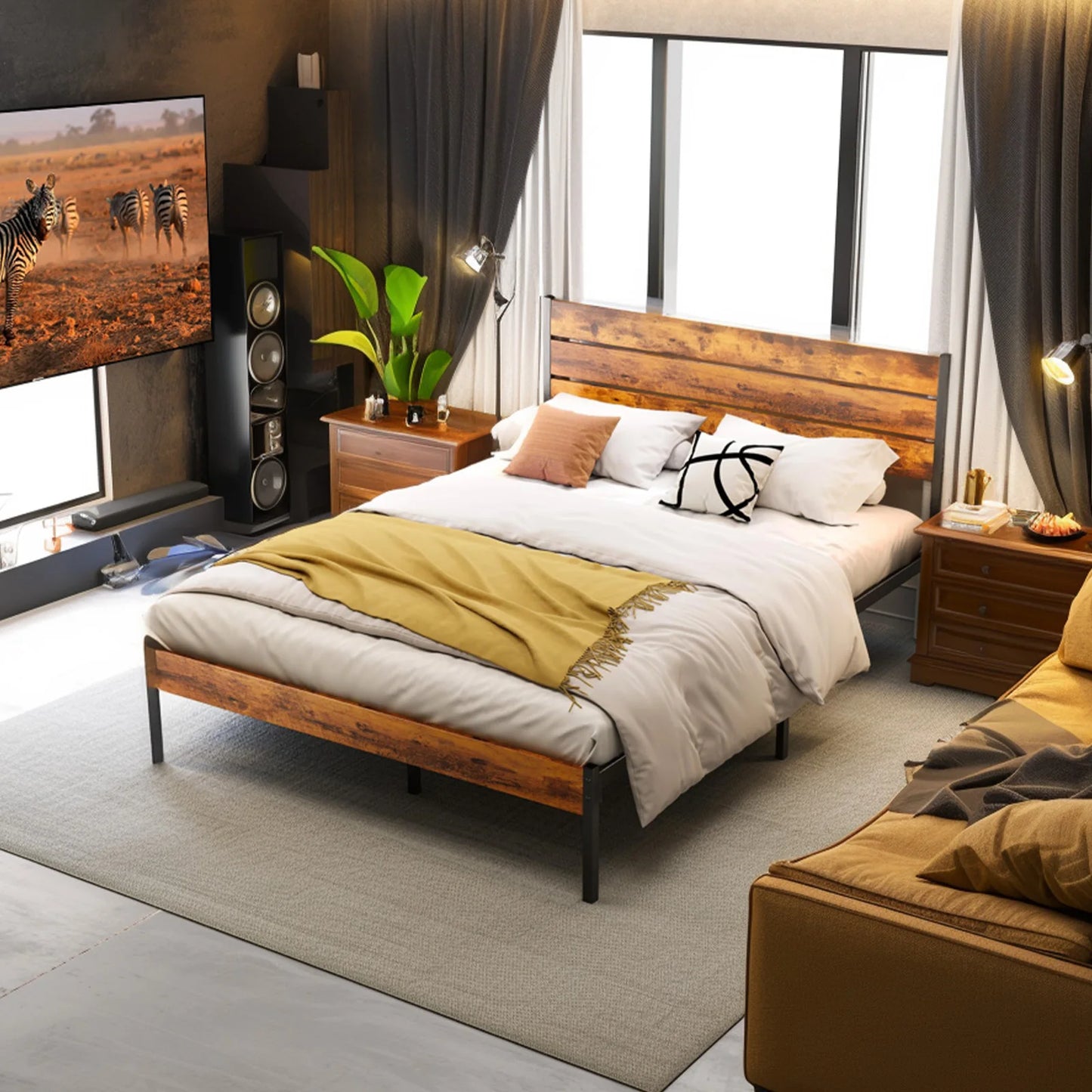 JHK Queen Size Metal Platform Bed Frame With Sturdy Slats