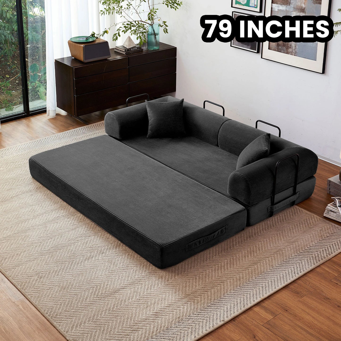 Foldable Convertible Futon Sofa Bed With L Shape Armrests